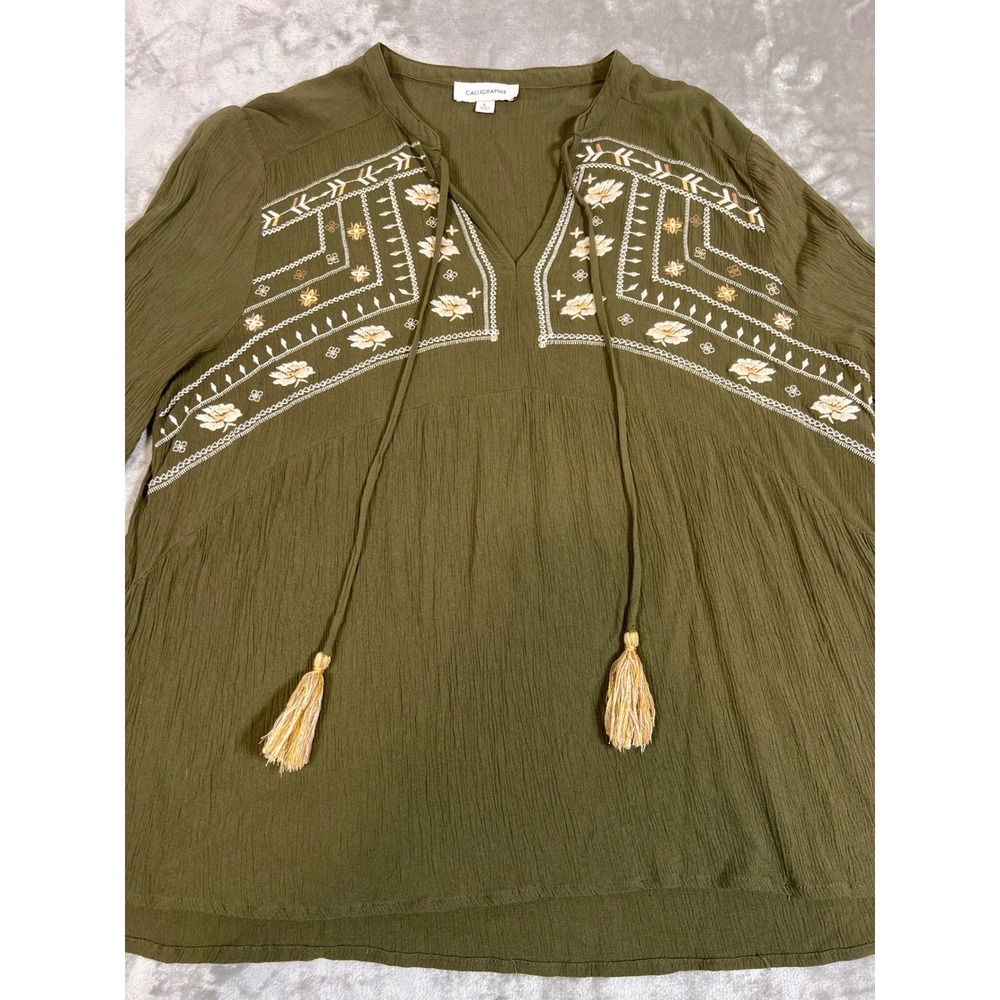 Calligraphie Olive Green Embroidered Boho Peasant Blouse Long Sleeve Tassel L‎